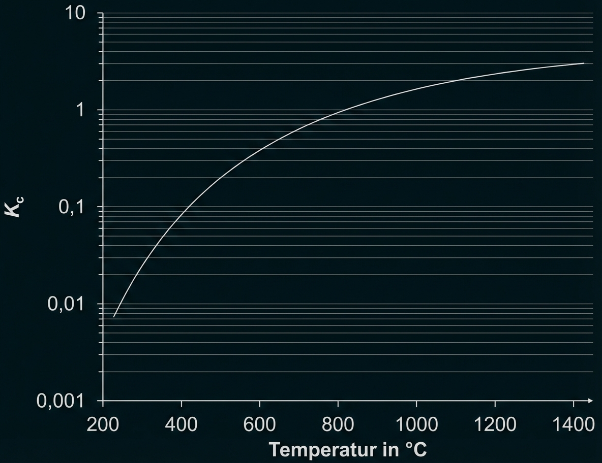 Gleichgewichtskonstante Kc gegen Temperatur (200–1400 °C) auf logarithmischer y‑Skala, ansteigende Kurve